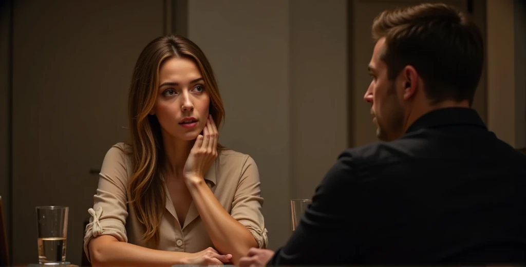 In a dimly lit luxury dining room, Gaia and her ex-husband sit across from each other at a wooden table, the tension between them palpable. Gaia, with her long brown hair streaked with blonde highlights, looks visibly shocked. She is dressed in a light blouse and jeans, her face pale, hazel eyes wide as she stares at the man in front of her in disbelief. Her lips tremble, as if unable to find words, still reeling from the recent revelation of the words 'three months' that seem to hang heavily in the air. Her ex-husband, seated on the other side of the table, is rigid and evasive. With short hair and a weary expression, he deliberately avoids Gaia’s gaze, staring instead at the table in front of him. He wears a dark shirt, his hands nervously clasped in his lap, as if hoping to escape the weight of what he’s just confessed. The soft, overhead light casts a dim glow, partially illuminating the scene and casting dramatic shadows across his face, further heightening the tense atmosphere. The table between them is almost bare, except for two glasses of water and a single untouched plate, a sign of a dinner long forgotten. The air is thick with unspoken emotions, and the sparse, neutral walls of the room seem to amplify the painful silence between them. It’s a moment heavy with tension and misunderstanding, where every detail reflects the breakdown of a once-strong bond. ((anti)), Nexia
 ((anti))