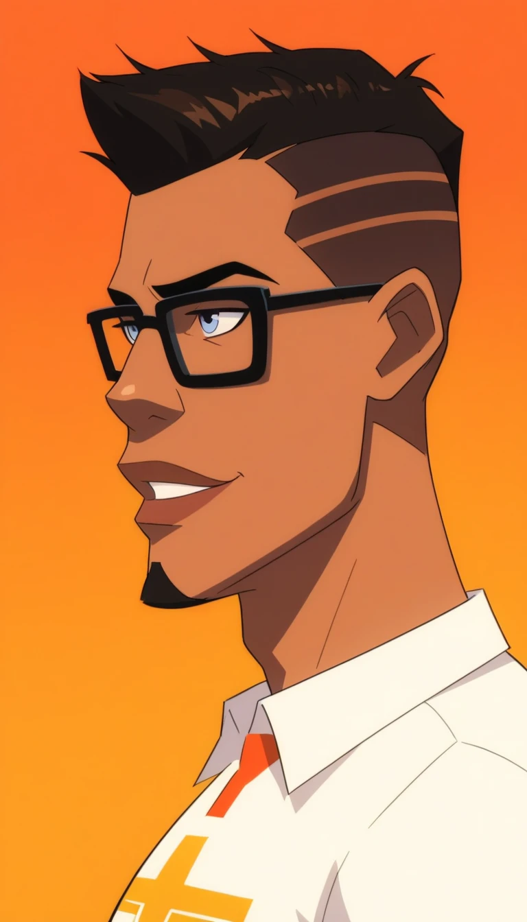 
half body portrait,  Graphic Novel style ,Cell shade style ,tattoo style,shirt print style, an African-American man with shaved hair ,  thin face wearing dark glasses with yellow lenses . He has a goatee that defines a masculine and cool style.  The portrait presents a side view / partial body and face . Gradient orange background.  face vibrant colors. Award Winning Illustration