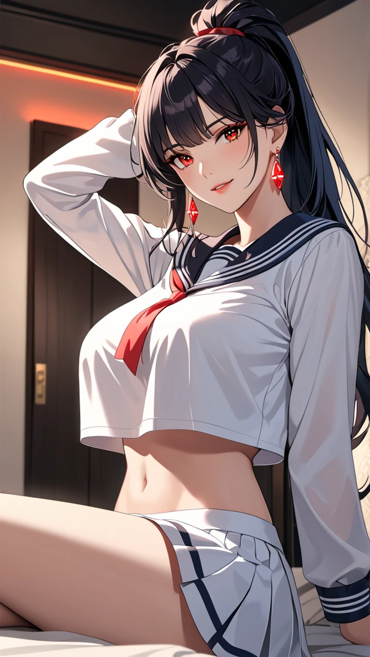 Highest quality　masterpiece　High resolution　masterpiece　Black hair, high pony tail　　Red glowing Eyes, messy  hair, seductive smile, bedroom, night, mature female, earrings wearing long sleeves sailor uniform, big breast, beautiful, make up, glowing, hand behind the head, crop top overhang , bedroom, sit, look from below