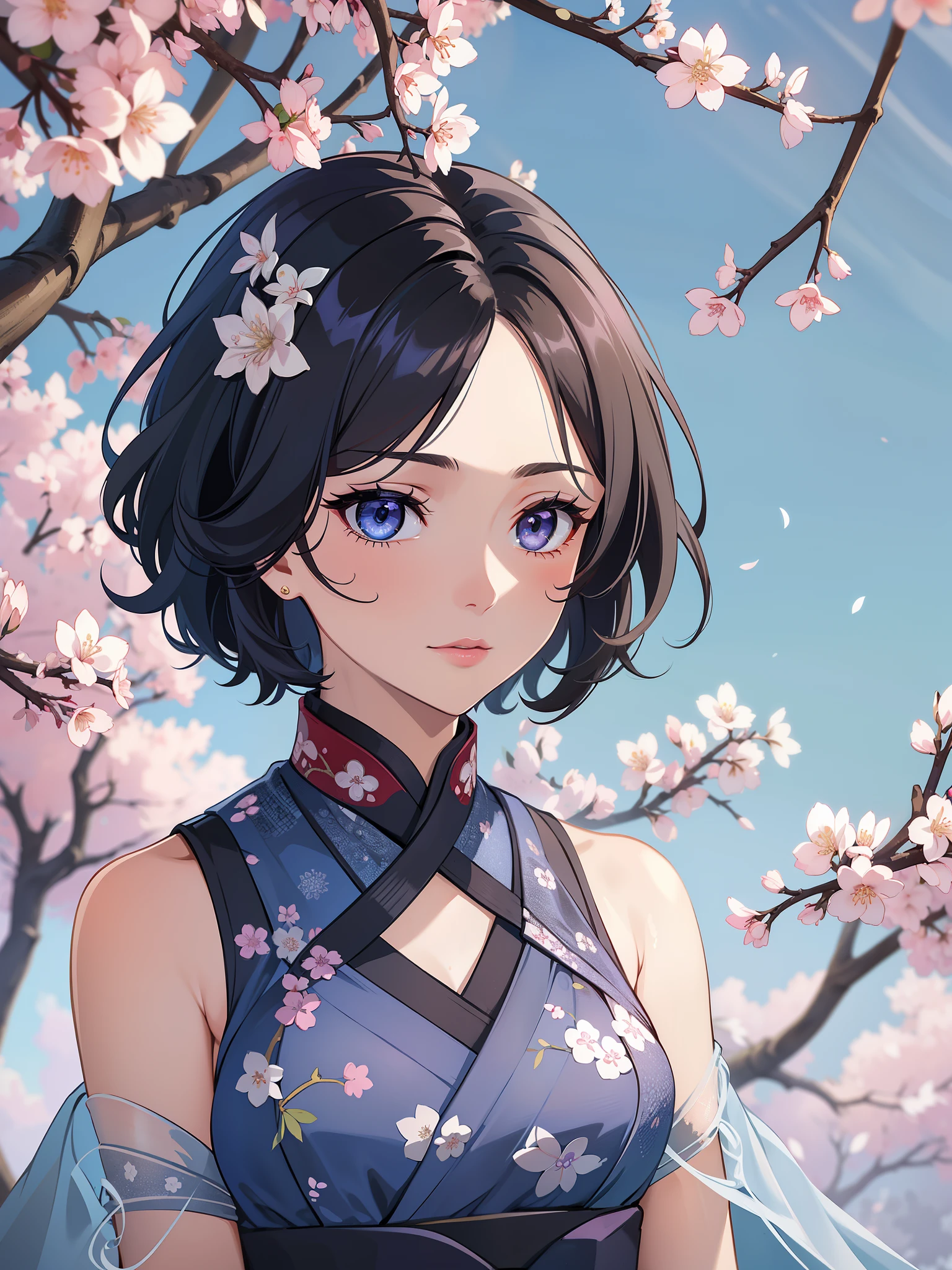 (high-quality, breathtaking),(expressive eyes, perfect face) 1female, girl , solo, teenager, asian woman hairstyle, short hair length, soft wave, black hair color, Heterochromia left eye blue and right eye purple, white and black dress, shawl, blue and purple background, music, gentle smile, swirls in background, music notes background, beautiful background, symmetrical eyes, Qing Dynasty Costumes, hairpin, cherry blossom background
