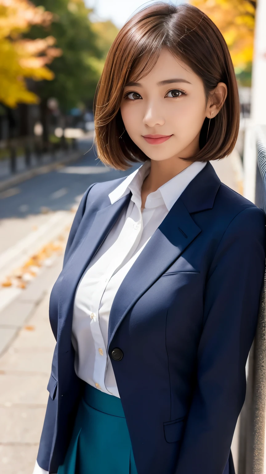 masutepiece, Best Quality, Illustration, Ultra-detailed, finely detail, hight resolution, 8K Wallpaper, Perfect dynamic composition, Beautiful detailed eyes, Business suits,Mini skirt,short cut hair,Natural Color Lip, Sit on a chair and cross your legs,Smile、25 year old girl,red eye shadow