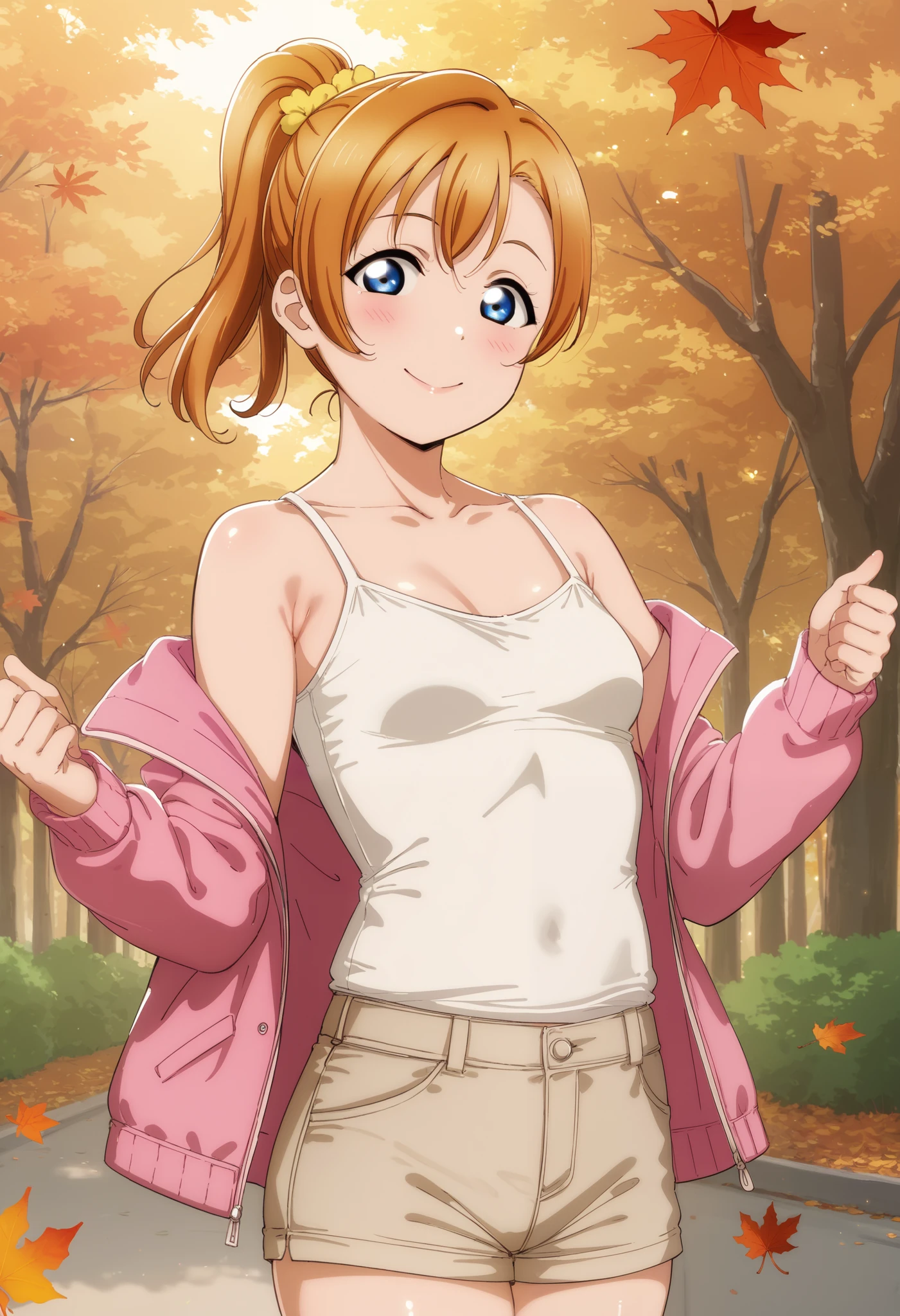 score_9, score_8_up, score_7_up, score_6_up,Shiny skin,kousaka honoka, blue eyes, orange hair, volumetric lighting, beautiful, tight , Blushing, small breasts, looking at viewer, white camisole, light brown shorts,pink jacket, casual clothes,solo, seductive smile, tree , love live , ponytail,slim fit body, standing, cowboy shot ,autumn,leafs,alp art style 