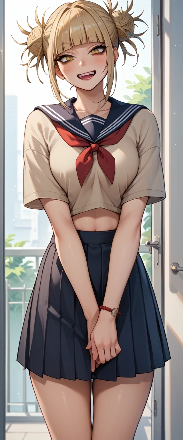 Score_9, Score_8_up, Score_7_up, Score_6_up, Score_5_up, Score_4_up, Source_anime, Tag1, Tag2, Quality_masterpiece, Girl, Himiko Toga, blonde short hair, yandere expression, croptop, skirt