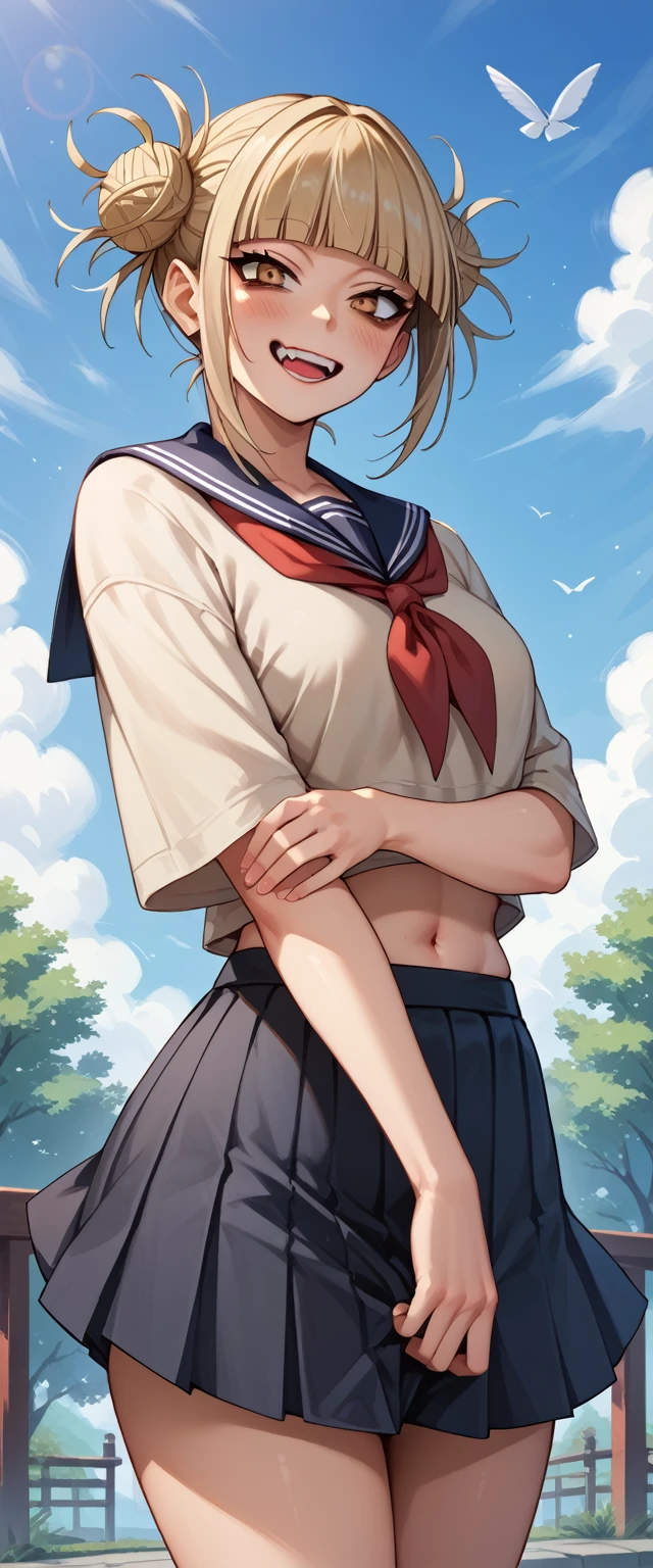 Score_9, Score_8_up, Score_7_up, Score_6_up, Score_5_up, Score_4_up, Source_anime, Tag1, Tag2, Quality_masterpiece, Girl, Himiko Toga, blonde short hair, yandere expression, croptop, skirt