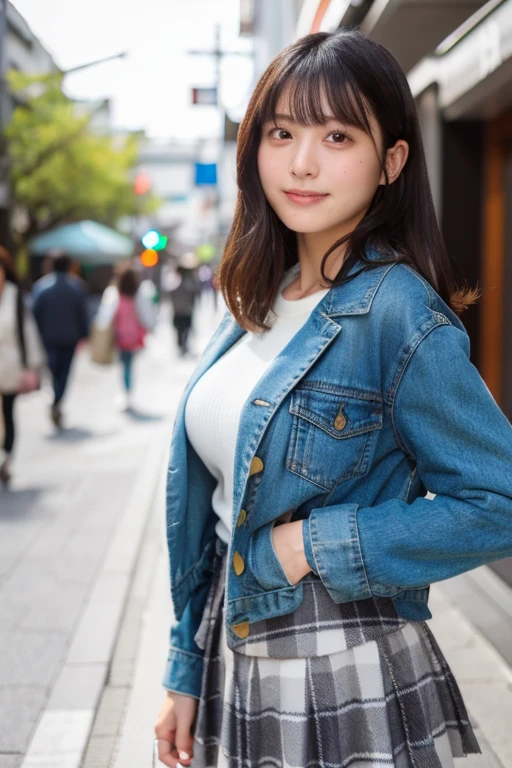 (masterpiece, best quality, perfect anatomy, highres, 8k, realistic, photorealistic:1.2), 1girl, solo, Japanese, age20, jp idol, (large breasts), perfect figure, looking at viewer, oversized cream knit , green plaid mini-skirt, as outerwear blue denim short jacket, in Tokyo down town, natural lighting, portrait