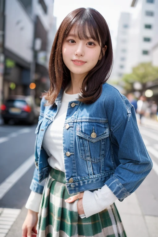 (masterpiece, best quality, perfect anatomy, highres, 8k, realistic, photorealistic:1.2), 1girl, solo, Japanese, age20, jp idol, (large breasts), perfect figure, looking at viewer, oversized cream knit , green plaid mini-skirt, as outerwear blue denim short jacket, in Tokyo down town, natural lighting, portrait