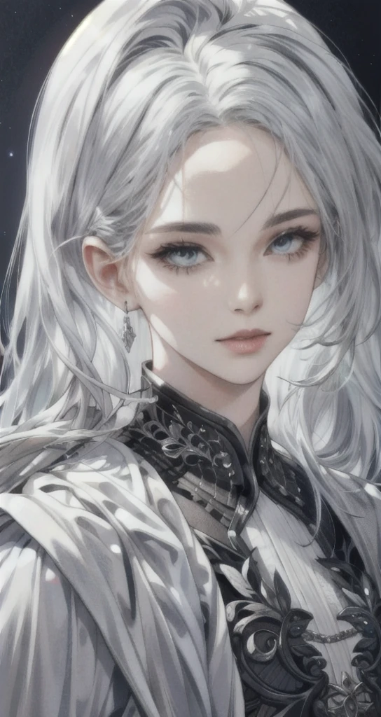 (absurd, highres, ultra detailed), 1girl, mature woman, complex details, enlarged textures, complex details, finely detailed eyes and detailed face, intricate details, white hair, (closed mouth), perfect eyes, equal eyes,