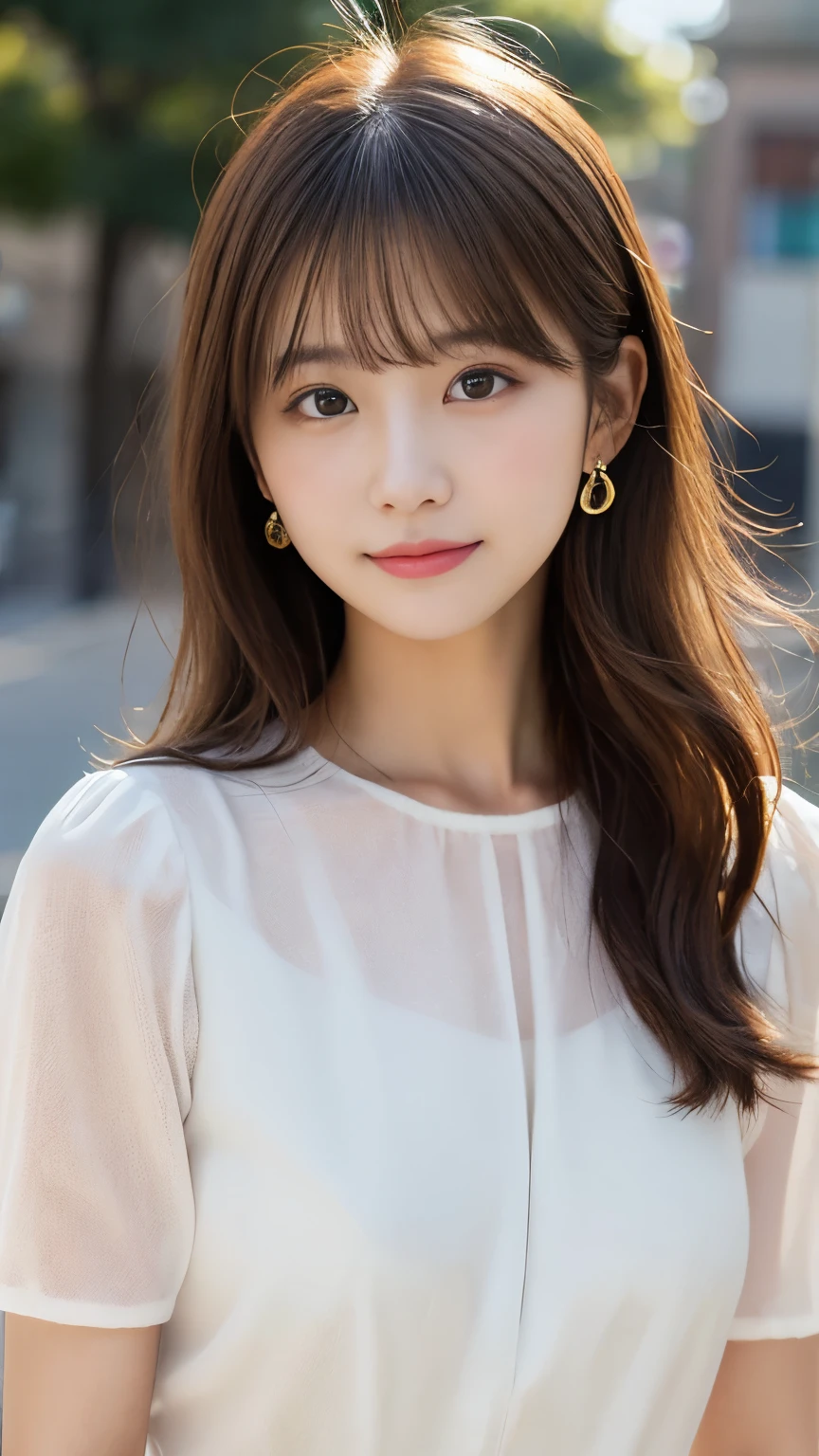 Yellow see-through blouse,Face Interview, (Photo Real:1.4), (hyper realisitic:1.4), (realisitic:1.3), (Smooth lighting:1.05), (Improve video lighting quality:0.9), 1womanl, a 20 yo woman, Realistic lighting, Back lighting, Facial light, raytrace, (cheerfulness:1.2), (Improved image quality:1.4), (Finest Real Textured Skins), finely eye, a small face, Red cheeks, skinny body, medium-breasted pointed jaws,,,,,, Korean Idol, Nogizaka Idol, glowy skin, hposing Gravure Idol, P, Blunt bangs, light brown hair, hair behind ear, hair over shoulder, Long hair,Tear bag,Summer plateau、yellow dress、
