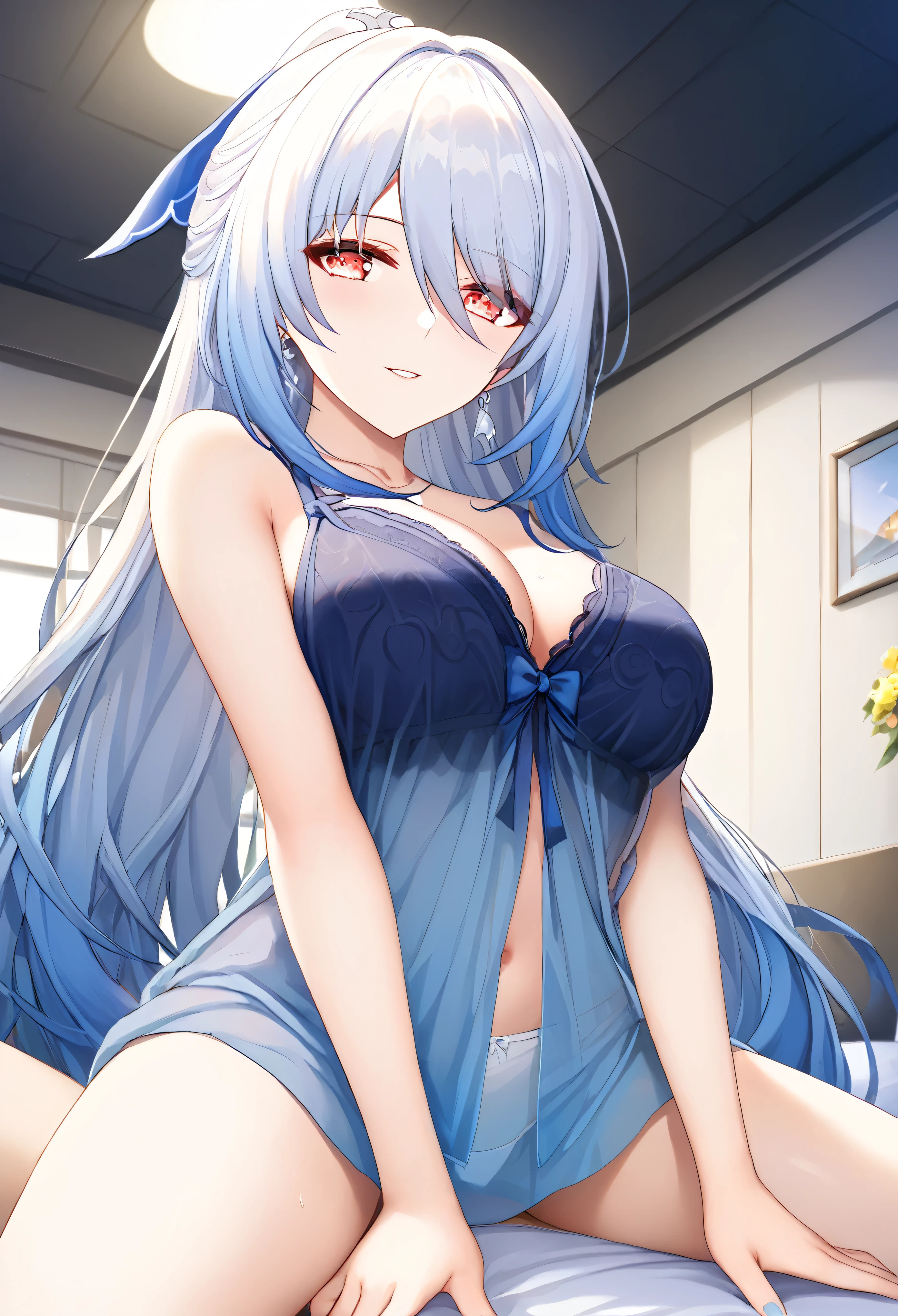 {{{masterpiece}}}, {{{best quality}}}, {{ultra-detailed}}, {illustration}, {{an extremely delicate and beautiful}}, jingliu (honkai: star rail), 1girl, solo, long hair, looking at viewer, blush, large breasts, red eyes, hair between eyes, blue hair, white hair, ponytail, multicolored hair, short sleeves, thighs, hair bow, earrings, maternal smile,part lips, sex secretary, alternate costume, indoors, blue bow, from below, blue negligee, see-through, Not wearing underwear, midriff peek,on bed, sit girl_on_top,straddling, astride,1boy, in heat, at night,