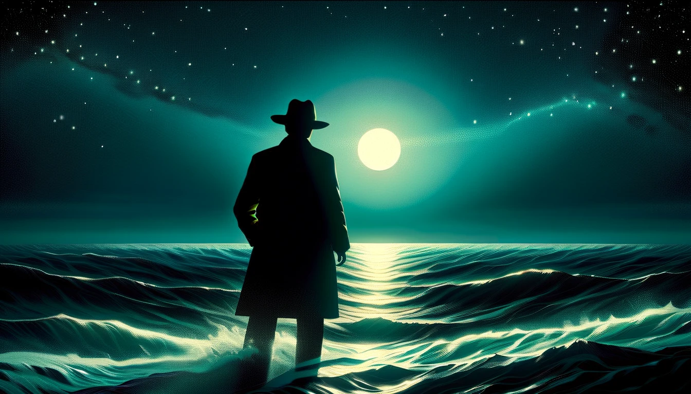 (drybrush speed painting)+ of a pensive man illuminated by the moonlight standing by the dock, paint (strokes)+, stars, night