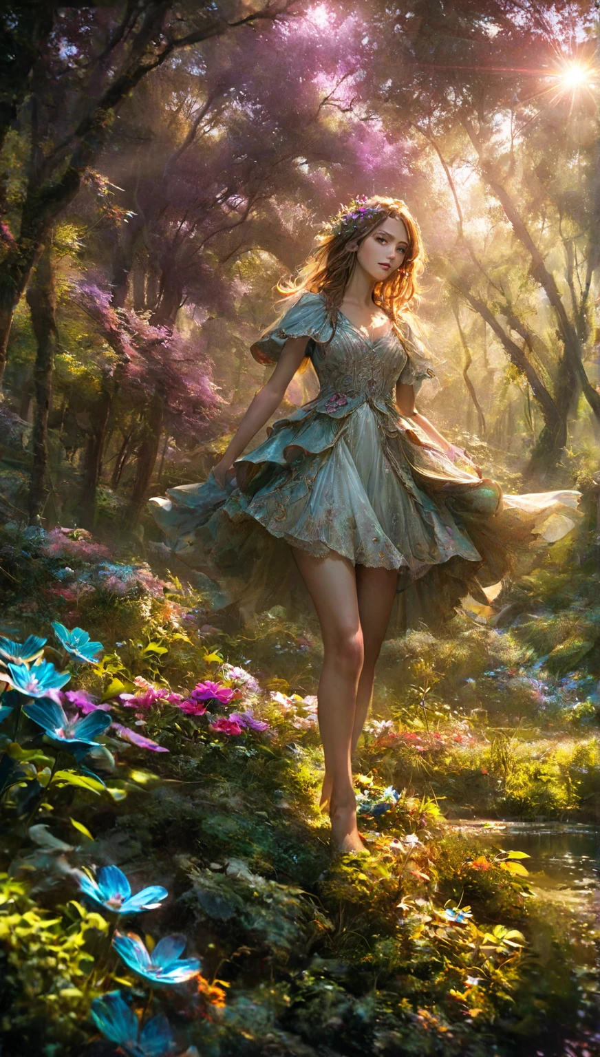 Beautiful Forest Dawn ,  idyllic, Magical, Majestic,  Spectacular Lighting , 8k,  1 girl,   detail face ,  detail eyes , Detailed lips,  Long eyelashes, Beautiful dress, Quiet look, Bushes green, Colorful flowers,  sun rays , Realistic,  Movie-like , Warm colors, Dramatic lighting, intricate details