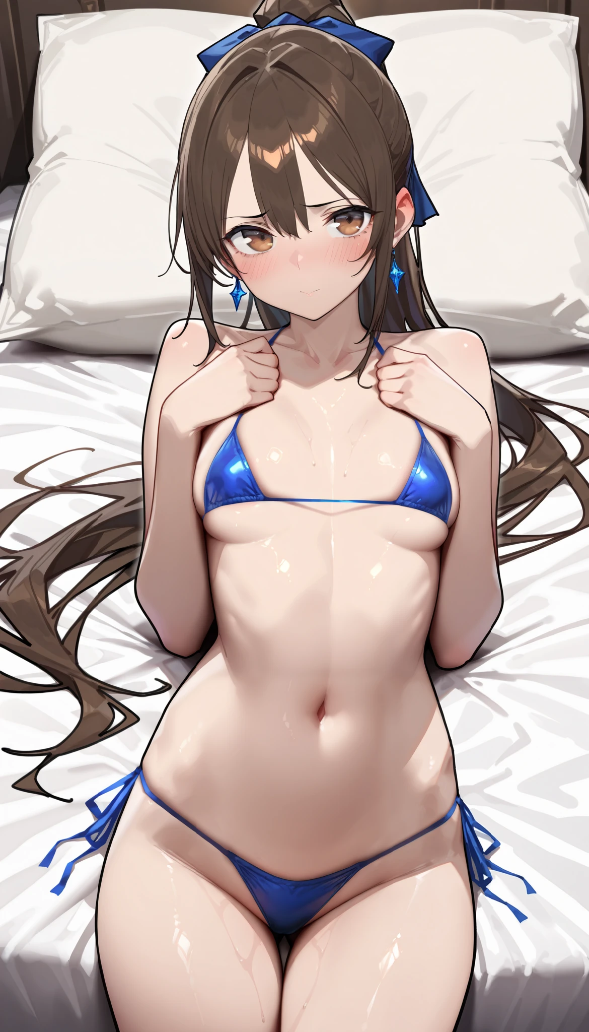 Long Xiao (Kantai Collection)、Female 1 person、solo、Long Hair、Staring at the audience、blush、smile、Brown Hair、Animal Ears、Shoulder Bare、Twin tails、Brown eyeouth closed、Lying、Frills、socks、Lying on your back、Bunny ears、Flat Chest、Eyepatch bikini bottoms only、See-through、hidden belly button、- Detachable collar、偽のAnimal Ears、bed sheet、Magatama