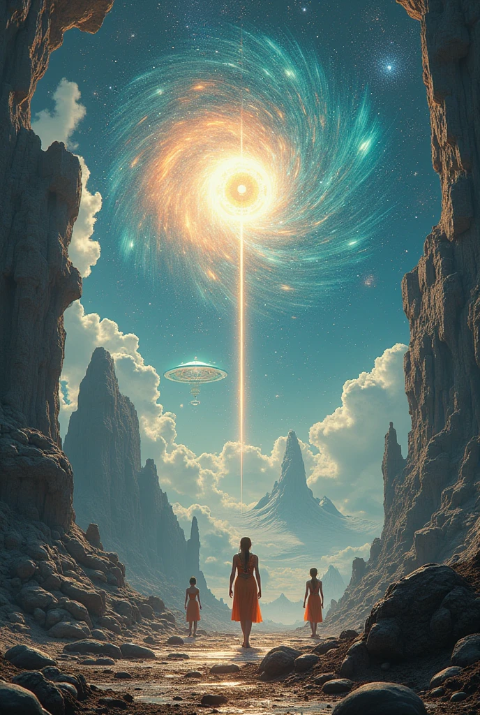 create an image of space objects in the fourth dimension with still unknown beings flying and swimming with glowing bands on their bodies