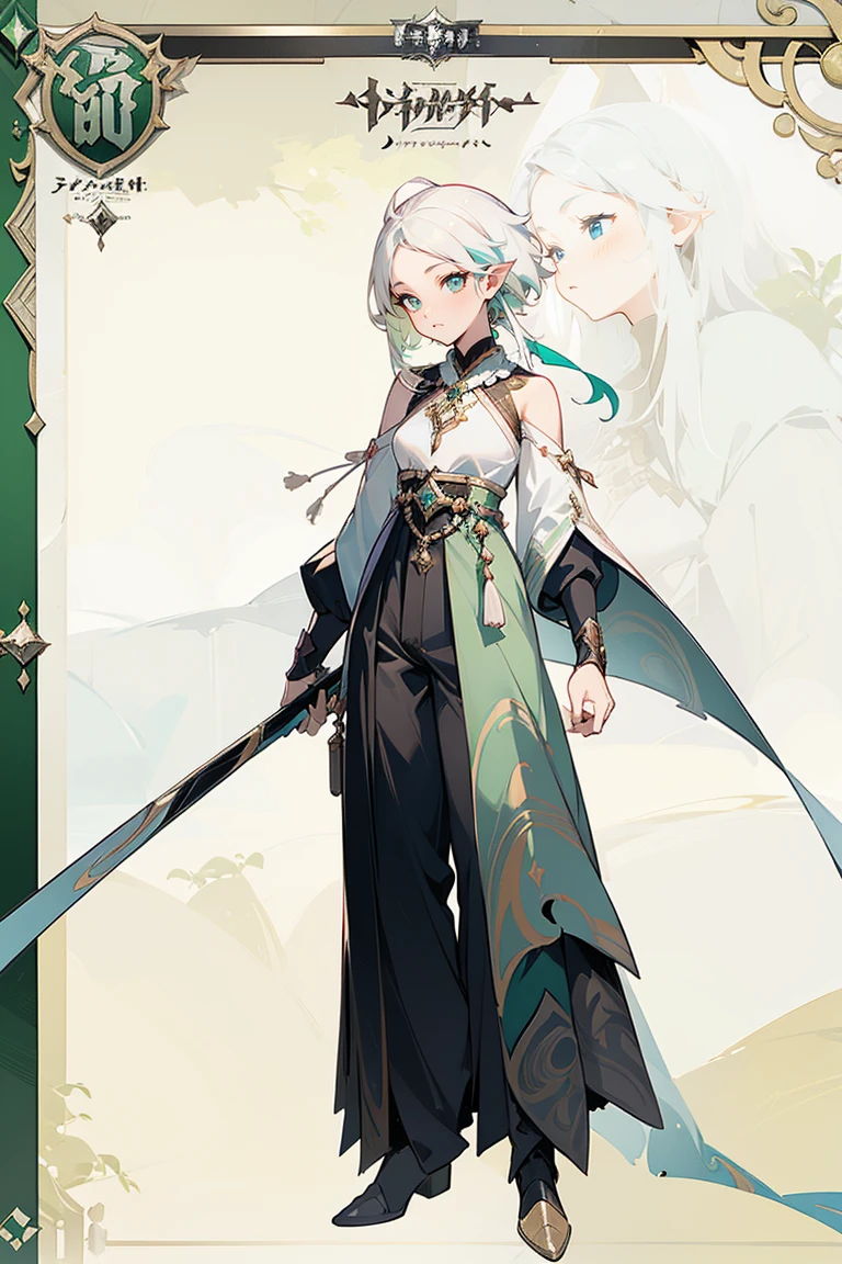 

((masterpiece)),(((best quality))),(character design sheet, same character, ), elven woman, ((side view:0.5)) anime girl, Gesture, character design. ((green eyes)). 1girl, solo, teenager, ((white hair)), ((green eyes)), pants, long sleeves, pointed ears. ((black clothes))
