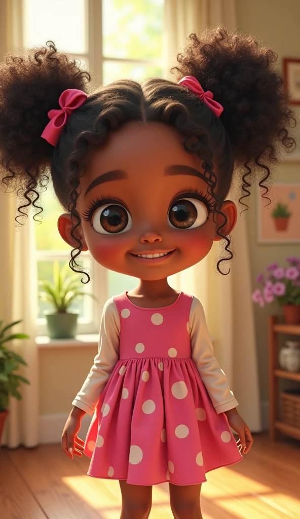 cute 8 monts old baby girl, black skin, curly hair, wears a red dress, smiling, standing in a tree