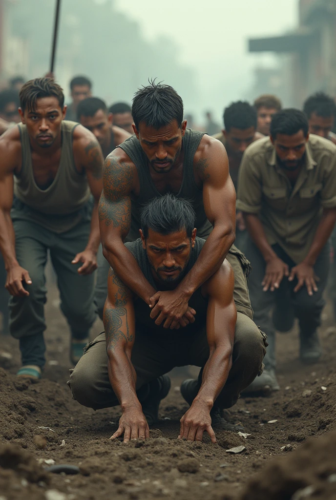 2indian men in lungi fighting with each other, oiled, blood, sweat , in a forest , 1jacked, 1fat