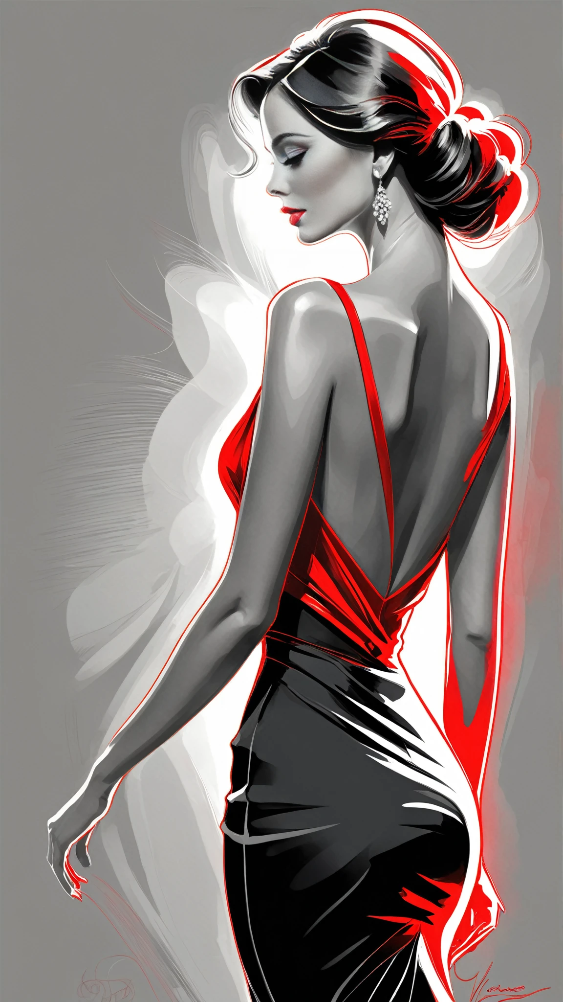 Pencil Sketch Drawing, line art drawing , a elegant beautiful woman, wearing tango dress, (her silhouette outlined with glowing red). (style of Vladimir Volegov:1.1). (her silhouette contoured with glowing red). red white on grey color palette. professional, sleek, modern, minimalist, graphic, line art, vector graphics, black and white drawing, graphite drawing