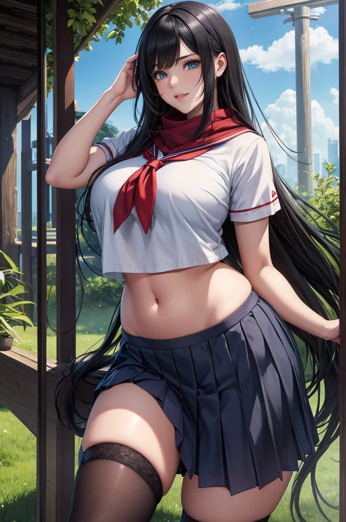 masterpiece, best quality, highres, nit1, animal ears, dark skin, long hair, facial mark, hairband, looking at viewer, navel, midriff, mature female, medium breasts, bedroom, bed, standing, smile, (serafuku, sailor school uniform:1.3), school uniform, red scarf, (navy blue pleated skirt), seductive pose, mature female, wide hips, perfect butt, see through shirt