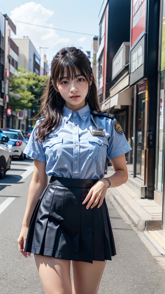 salute、police uniform、police hat、whole body、photo taken from below、a beautiful female police officer、((Brown Long Bob Hair))、city