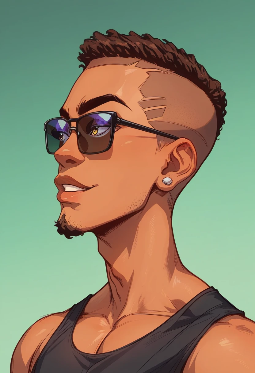 
half body portrait,  Graphic Novel style , an African-American man with shaved hair , thin face (( wearing dark glasses/Wearing sunglasses with yellow lenses ). He has a goatee that defines a masculine and cool style.  The portrait presents a side view / partial body and face . Wears black tank top . gradient green background .  face vibrant colors. Award Winning Illustration