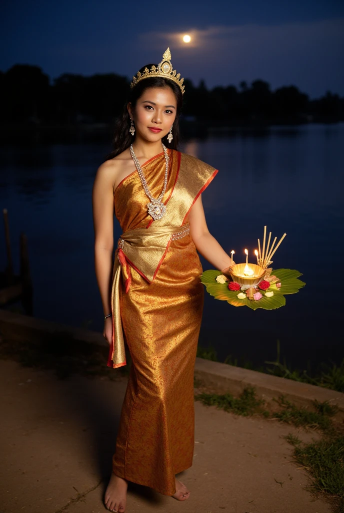 A beautiful woman dressed in traditional Thai attire, resembling a queen or noblewoman from ancient Siam. She wears a luxurious silk dress adorned with intricate golden patterns, delicate jewelry, and a traditional crown. The woman is holding a lotus-shaped floating basket (krathong) made from banana leaves and decorated with flowers, candles, and incense sticks. She stands gracefully against a serene background, with a river illuminated by the soft glow of full moonlight, evoking the atmosphere of Loy Krathong festival.,Thai dress