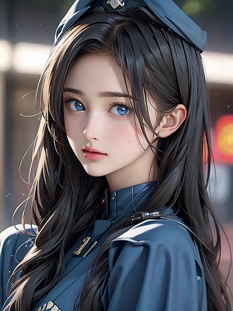  portrait , Realistic,  Elegant Women ,  blue eyes,  shiny dark hair 、( cosplay、Police Officer、Police hat、In front of the police box、Navy blue uniform)、4K resolution、 High Quality CG、Beautiful CG、Soft light