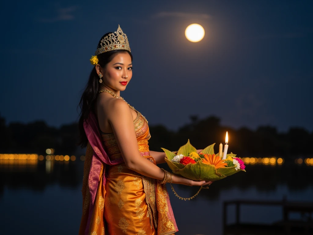 A beautiful woman dressed in traditional Thai attire, resembling a queen or noblewoman from ancient Siam. She wears a luxurious silk dress adorned with intricate golden patterns, delicate jewelry, and a traditional crown. The woman is holding a lotus-shaped floating basket (krathong) made from banana leaves and decorated with flowers, candles, and incense sticks. She stands gracefully against a serene background, with a river illuminated by the soft glow of full moonlight, evoking the atmosphere of Loy Krathong festival.,Thai dress