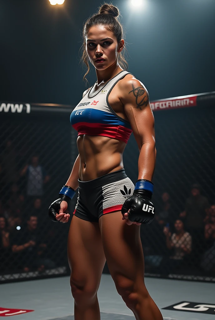 1girl, MMA fighter, Ronda Rousey, (25 years old), (((naked))), (MMA gloves ), fit body, athletic feminine body, smiling , (looking at viewer), MMA cage in the background, masterpiece, perfect lighting, uhd, 8k, (sweaty body), hard toned feminine body, long ponytail hair.