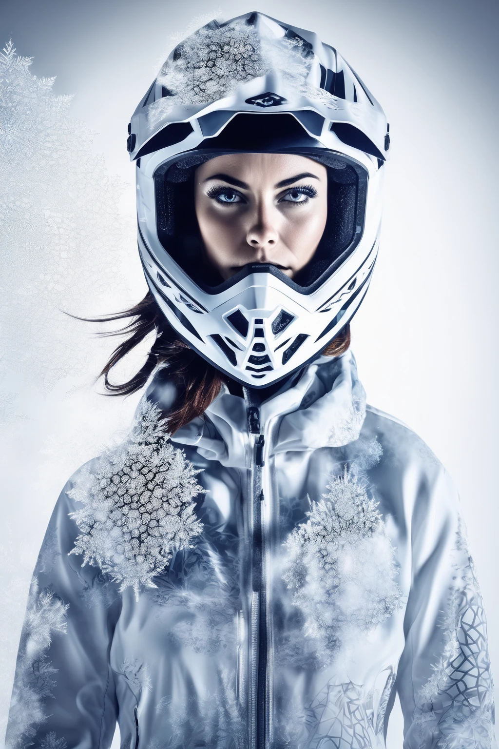 triple exposure, solid white background, mysterious silhouette woman,wearing enduro motocross helmet , amazing depth, masterwork, surreal, geometric patterns, intricately detailed, bokeh, perfect balanced,artistic photorealism , smooth, great masterwork frozen ice crystals foggy snowflakes ,profil ,mystical
