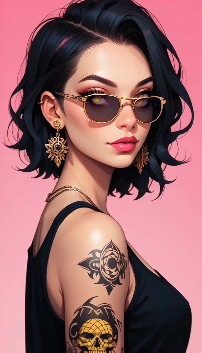 
half body portrait, Style Graphic Novel,Style ,Style tattoo,Style estampa de camisa, an American woman with long blond hair, thin face wearing dark glasses /Wearing sunglasses with yellow lenses . She has full lips and a thin nose . large bust. black tank top. feminine. The portrait presents a side view / partial body and face . Pink gradient background .  face vibrant colors. Award Winning Illustration