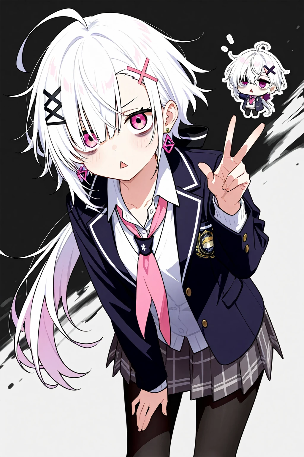 High image quality
 Female College 1,  Pink Eyes、White Hair、 shortcut,   low ponytail 、   earrings for one woman,  Ahoge,   asymmetrical bangs ,  x-shaped hair ornament,   dark circles under eyes、 Black Pantyhose 、vigil、Background white、front、Messy Hair、triangle mouth 、 school uniform、 dazed state 、solo, Lonfer、simple eye 、Chibi character
