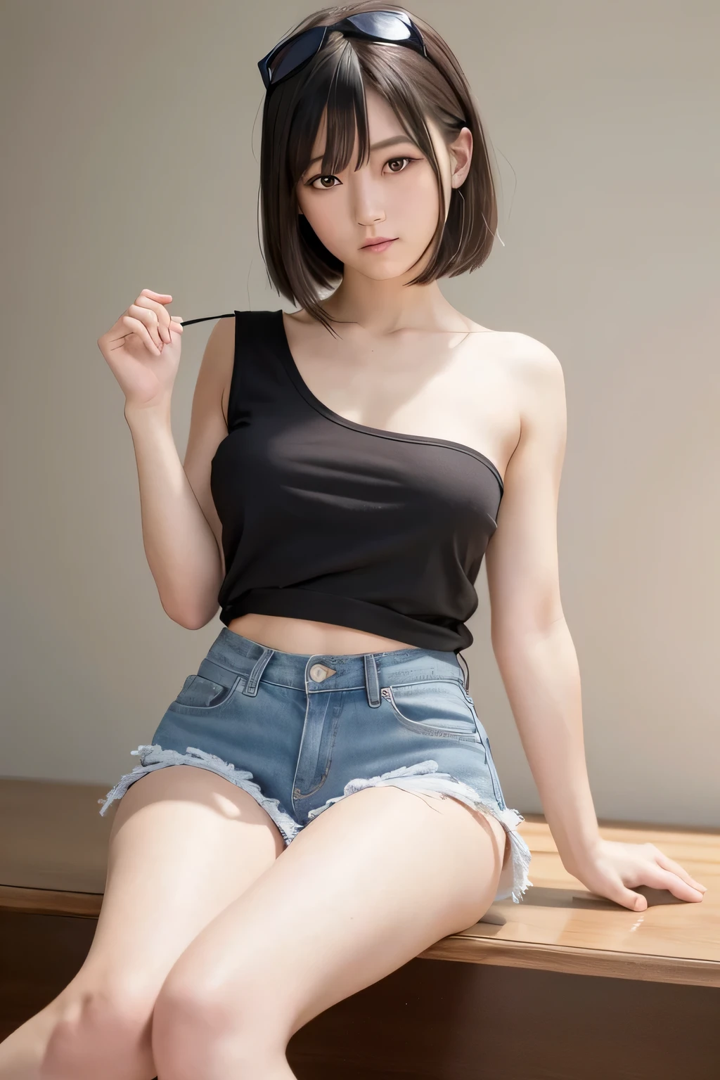Picture taken from the front, with the left and right sides equally spaced, equally spaced left and right, stand upright, cowboy shot, (arms behind back:1.5), One girl, very short hair, (camisole, shorts)