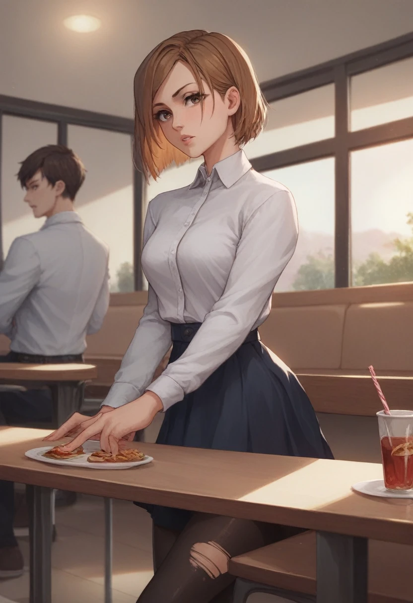 masterpiece,best quality,nsfw,1 girl,short hair,brown hair,brown eyes,precise fingers,dress shirt,skirt,torn long black tights,long sleeve,restaurant,Kugisaki Nobara,