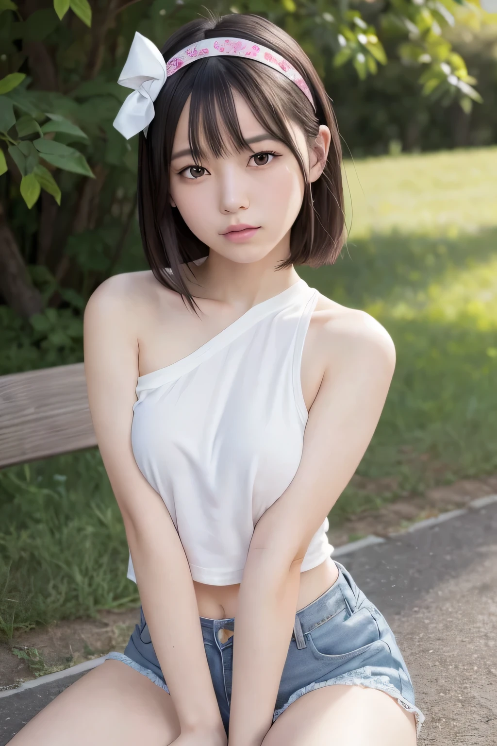 (masterpiece, highest quality:1.4), Award-winning portraits, 8k, 85mm, alone, Beautiful Face, Delicate girl,  (Cheerleader、On the grass), Sophisticated, cute, 15 years old, RAW Photos, Confused, High resolution, Sharp focus, Background Blur、(((flat  、thin and delicate body、Childish atmosphere)))、Glossy short bob、Mole on the left cheek、 Dark blue eyes、the skirt is swaying in the wind、Hair swaying in the wind、sexy、flexible legs、naked、Angle shot from below