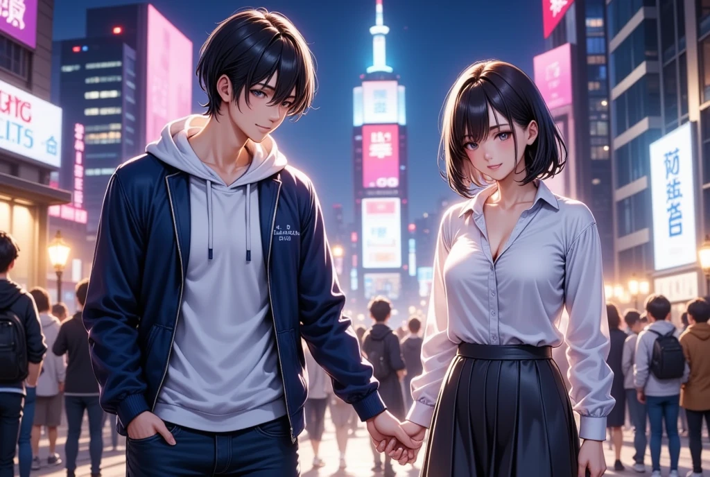  A couple of men and women going on a date against the neon city at night  , young man"Asuka" is wearing a white hoodie with a blue jacket and jeans (Medium straight 7:3 split casual black hair) , A woman with medium hair with dark hair "Haruna"Wearing a white casual blouse and a dark gray long skirt , her shirt was torn 