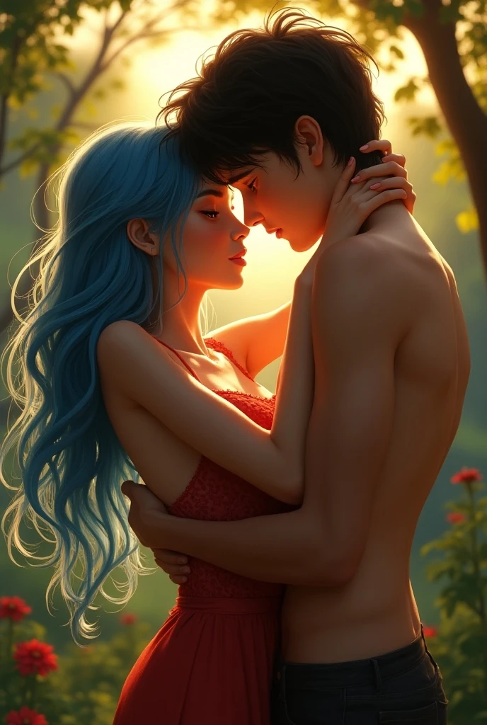Book cover in a picnic square blond man kissing woman with blue-black hair