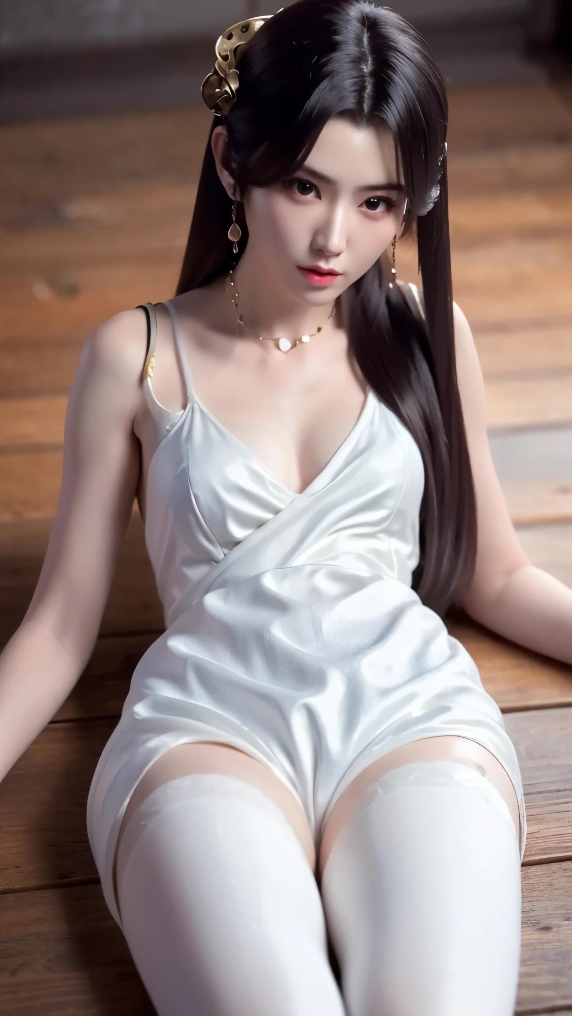 Close-up of a woman in a dress lying on a wooden floor, Japanese Goddess, Beautiful Chinese model, beautiful goddess, beautiful Asian girl, Sexy Girl, Fair, smooth and translucent skin, Chinese Girl, Asian girl, Attractive anime girl, Sexy pose, Beautiful fantasy queen, Beautiful and detailed body and face, Smooth white tights set, Light milky white porcelain skin