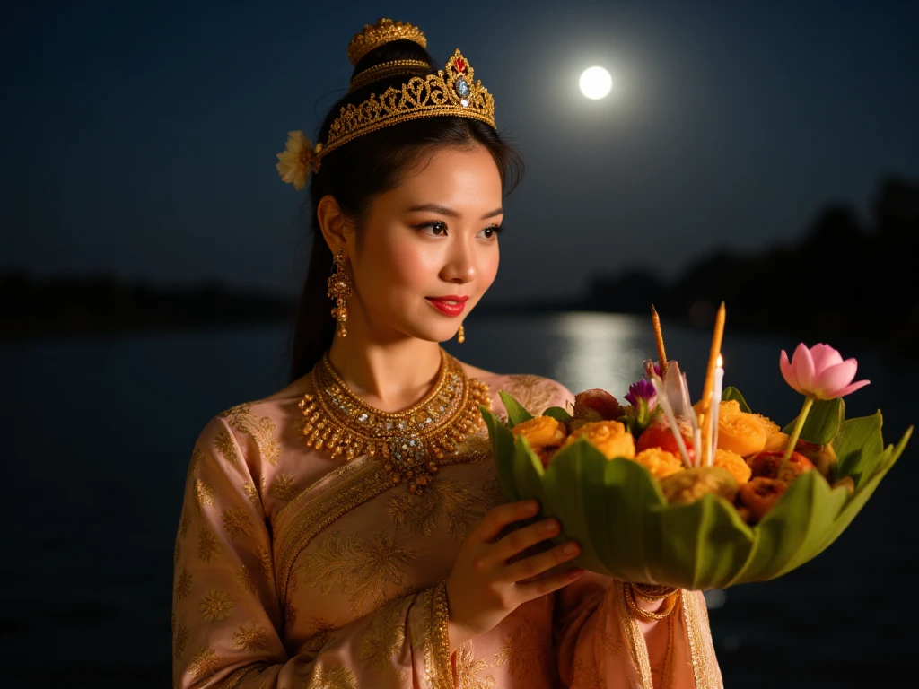 A beautiful woman dressed in traditional Thai attire, resembling a queen or noblewoman from ancient Siam. She wears a luxurious silk dress adorned with intricate golden patterns, delicate jewelry, and a traditional crown. The woman is holding a lotus-shaped floating basket (krathong) made from banana leaves and decorated with flowers, candles, and incense sticks. She stands gracefully against a serene background, with a river illuminated by the soft glow of full moonlight, evoking the atmosphere of Loy Krathong festival.,Thai dress