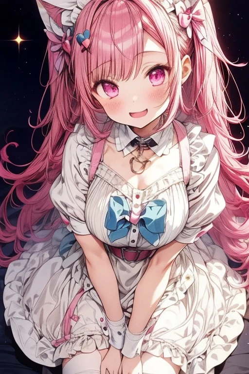  1 girl,Alone,Sakuna, Pink Hair, animal ears ,maid head dress, thigh high socks that handle shotguns,puffy Short sleeve,Cat ears, dress,apron, white apron,Long Hair, two sides ,Light blue ribbon,Hair accessories, Puff Sleeves,Short sleeve,pink  dress, Wrist Cuffs , Pink Ribbon ,Sakuna,SakunaXL,yuuki Sakuna,(masterpiece,Best Quality, is so beautiful,Super detailed), (Super detailed, Expressive brilliance, glitter, glowing eyes),high definition eyes ,intricate details, pink heart background