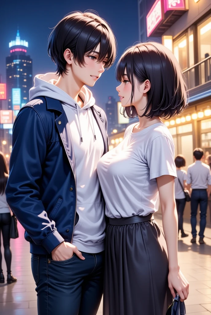  A couple of men and women going on a date against the neon city at night  , young man"Asuka" is wearing a white hoodie with a blue jacket and jeans (Medium straight 7:3 split casual black hair) , A woman with medium hair with dark hair "Haruna"Wearing a white casual blouse and a dark gray long skirt , her shirt was torn 