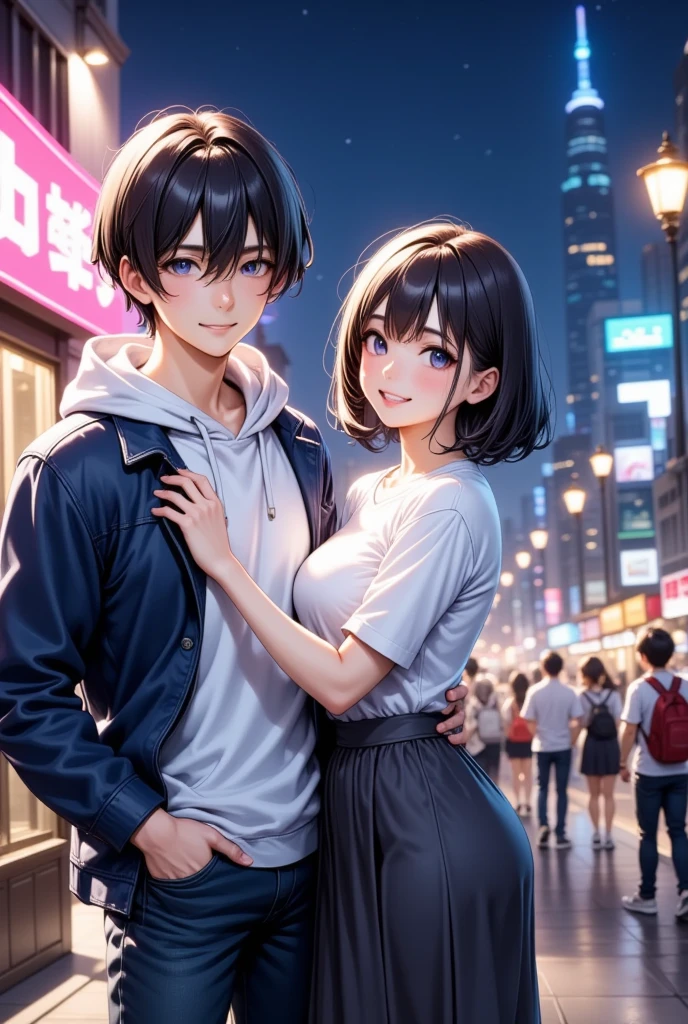  A couple of men and women going on a date against the neon city at night  , young man"Asuka" is wearing a white hoodie with a blue jacket and jeans (Medium straight 7:3 split casual black hair) , A woman with medium hair with dark hair "Haruna"Wearing a white casual blouse and a dark gray long skirt , her shirt was torn 