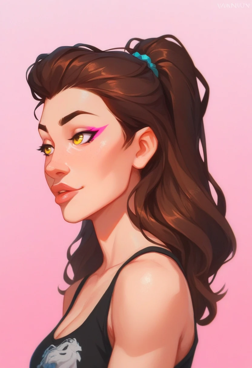 
half body portrait,  Graphic Novel style ,shirt print style style,1 American woman (long brown hair)thin face,( yellow eyes ), She has full lips and a thin nose . large bust. black tank top. feminine. The portrait presents a side view / partial body and face . Pink gradient background .  face vibrant colors. Award Winning Illustration