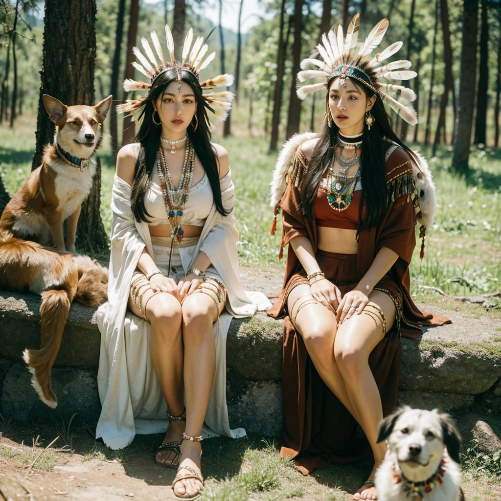 Monica Bellucci beautiful woman wearing a Native American dress sitting in the forest with her dogs, native American, Native American Warriors, Native American Warriors, American Indian headdress, Indian warrior, Head dress, Wearing a Native American choker, Native American Art, Indigenous, feather native American headgear, Central headdress, : Native American Shamen Fantasy, Native Rich Jewelry, Tribal clothing