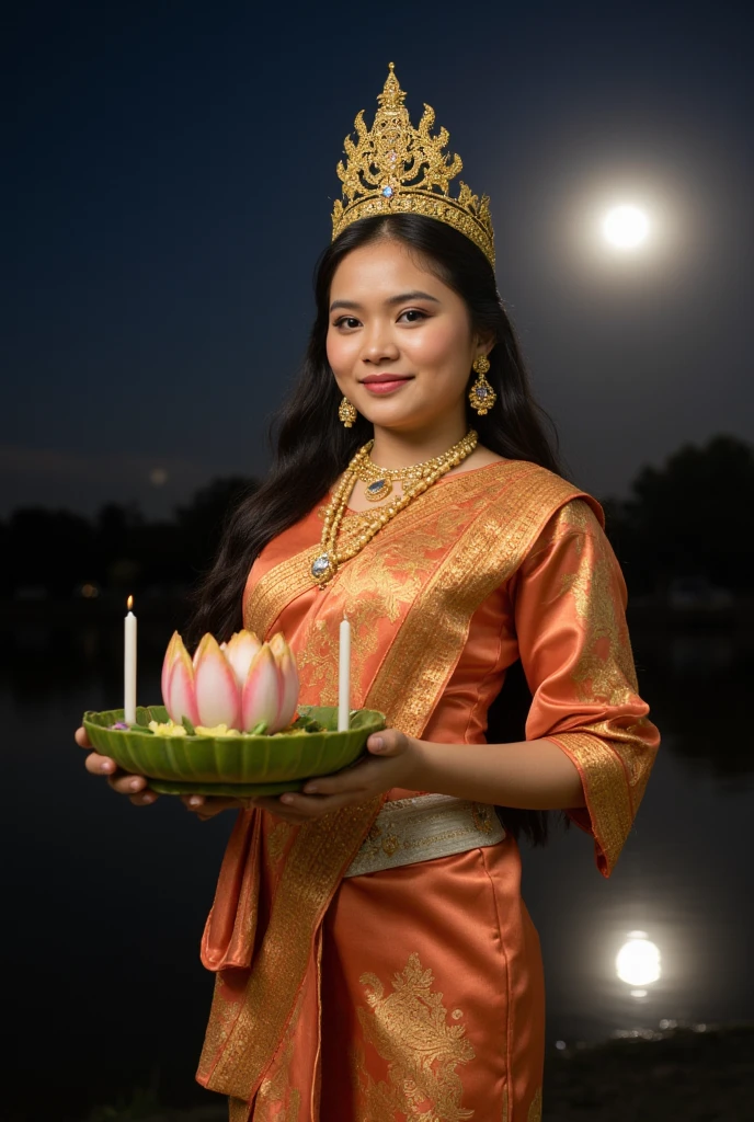 A beautiful woman dressed in traditional Thai attire, resembling a queen or noblewoman from ancient Siam. She wears a luxurious silk dress adorned with intricate golden patterns, delicate jewelry, and a traditional crown. The woman is holding a lotus-shaped floating basket (krathong) made from banana leaves and decorated with flowers, candles, and incense sticks. She stands gracefully against a serene background, with a river illuminated by the soft glow of full moonlight, evoking the atmosphere of Loy Krathong festival.,Thai dress