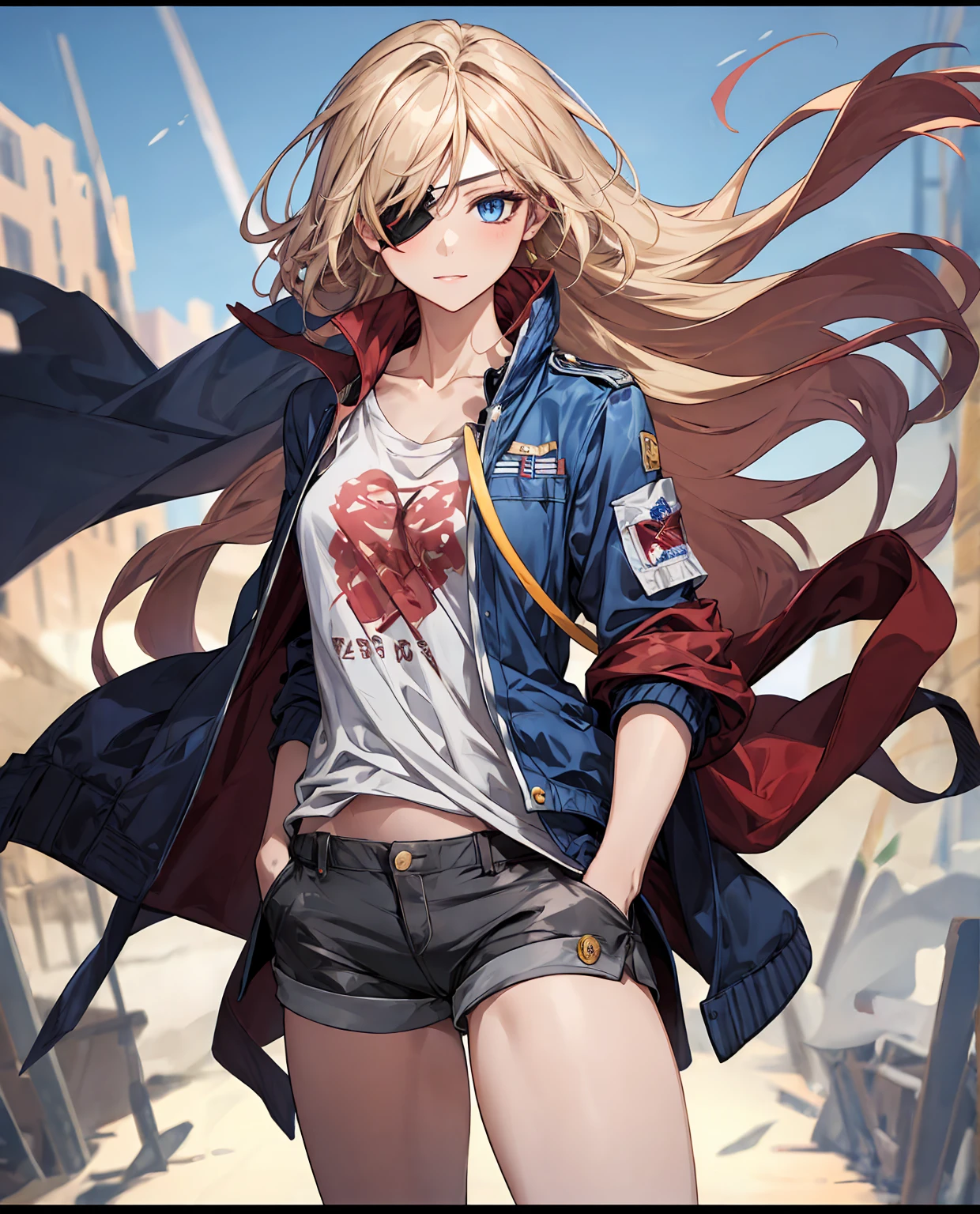 (masterpiece), best quality, expressive eyes, highres, anatomically correct, 1girl, perfect face, perfect hands, female, long hair, fair skin, medium chest, cowboy shot, half body, perfect anatomy, ashy blonde colored hair, adult female, mature female, attractive, streaked with many hints of blue and red, unique two tone hair, long hair, flowing hair, wearing an eyepatch, strong, soldier, casual wear, messy hair, half body shot, cowboy shot, symmetrical features, friendly, sarcastic, fun, hero, unique, t-shirt, gray shorts, long jacket, sky blue jacket, flowing clothes, flowing hair, wind, windy, hands in pockets, blue eyes, hair over shoulders, laid back, confident, bianka durandal ataegina, two arms, perfect anatomy,
