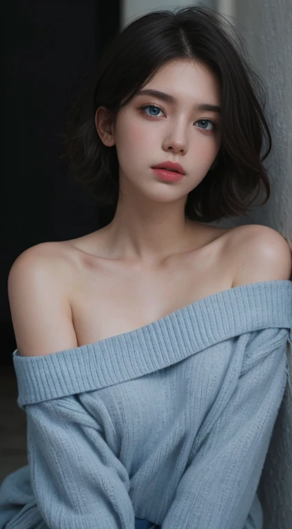 Best Quality, masterpiece,  ultra high resolution, (Realistic:1.5),  RAW Photos,  1 girl,  off-shoulder ,  in the dark ,  deep shadow hidden in the shadows,  discreet , Cold Light,  sexy look,  short hair,  blue eyes