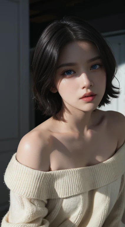 Best Quality, masterpiece,  ultra high resolution, (Realistic:1.5),  RAW Photos,  1 girl,  off-shoulder ,  in the dark ,  deep shadow hidden in the shadows,  discreet , Cold Light,  sexy look,  short hair,  blue eyes