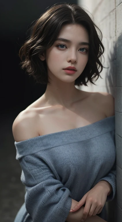 Best Quality, masterpiece,  ultra high resolution, (Realistic:1.5),  RAW Photos,  1 girl,  off-shoulder ,  in the dark ,  deep shadow hidden in the shadows,  discreet , Cold Light,  sexy look,  short hair,  blue eyes