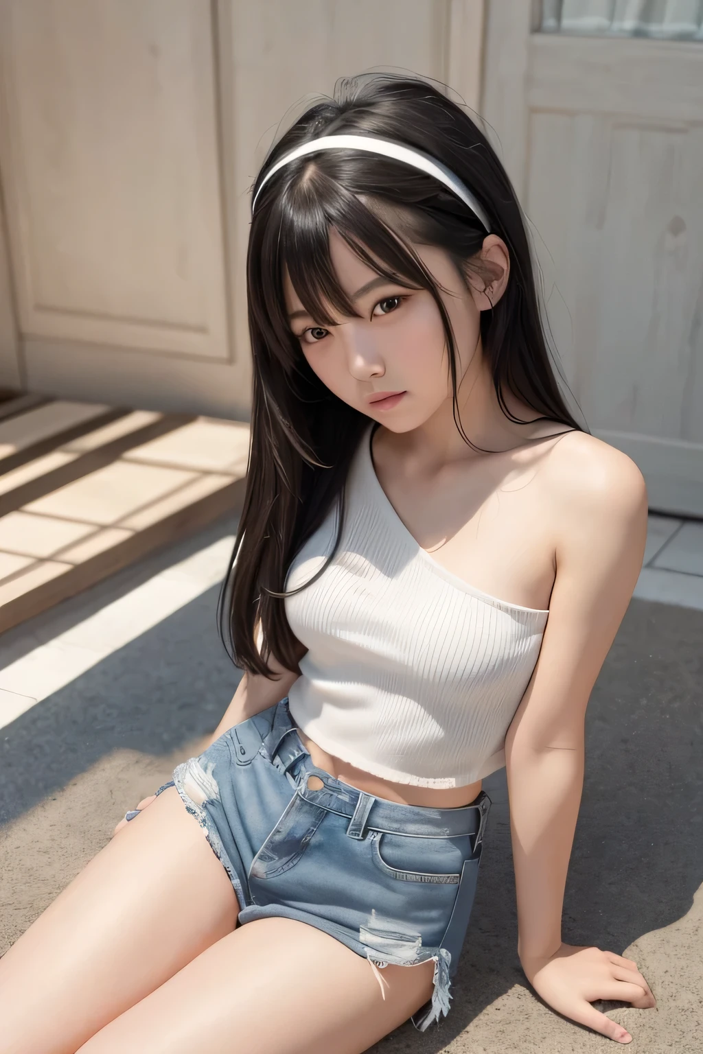 8k,Japanese,9 years old,Childish,Innocent face,Innocent look,Teenage Girl,cute,spring-like clothes,Spring weather,Casual wear,Black Hair,Riverside Park,Sitting,Thighs,Décolletage、Absolute area、Thighsの付け根、Chest、Knee-high socks、Her belly button is visible、I can see your tummy