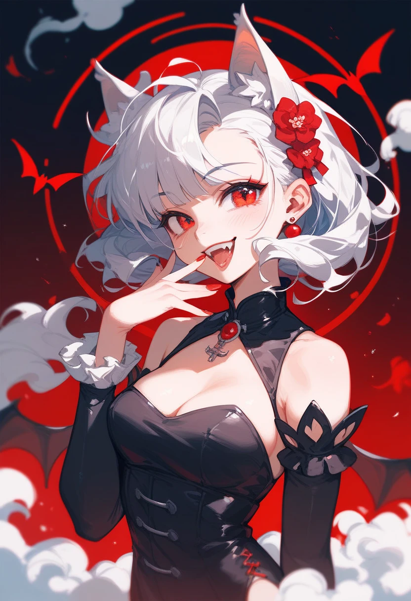 1girl, 独奏, oni girl, japanese kimono, medium breasts, Black kimono, bare shoulders, Cleavage, Demon Horns, Long, sharp claws, tooth,